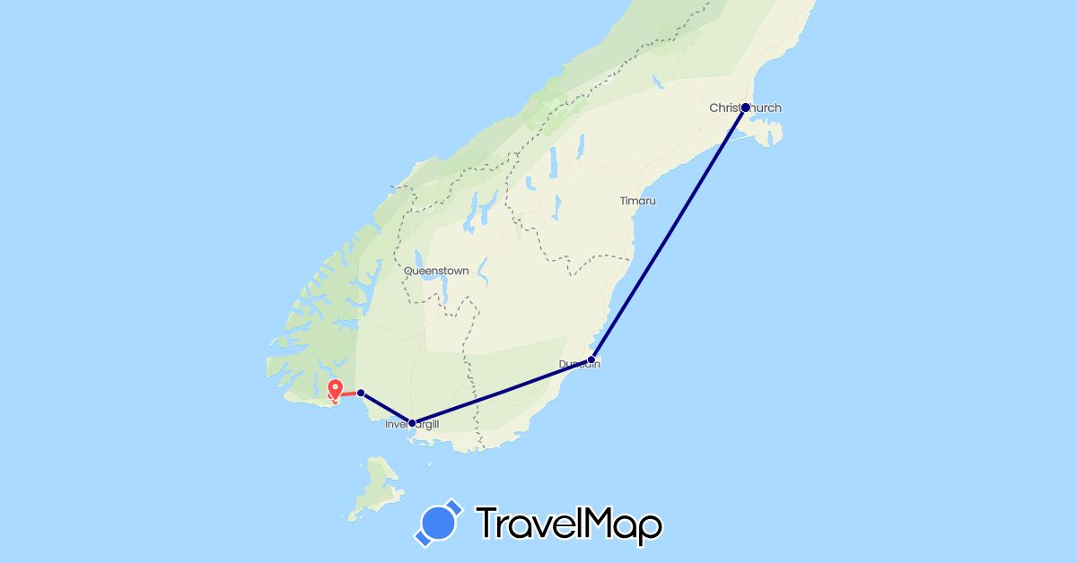TravelMap itinerary: driving, hiking in New Zealand (Oceania)